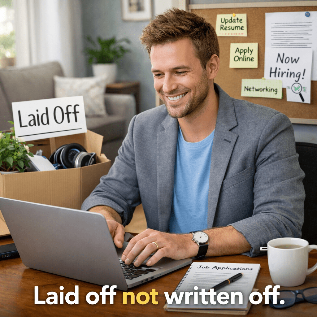 Man typing on laptop with laid off box and job applications