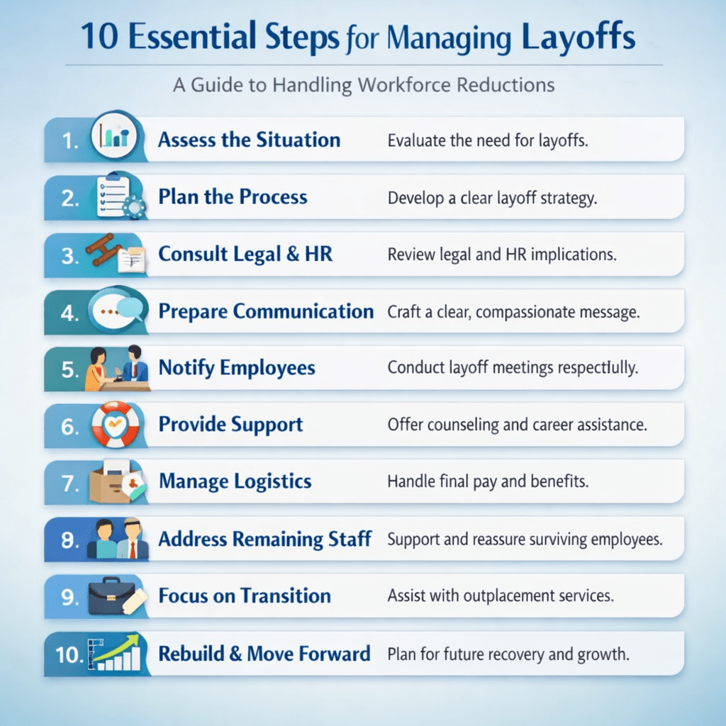 10 steps for managing layoffs with key actions and descriptions