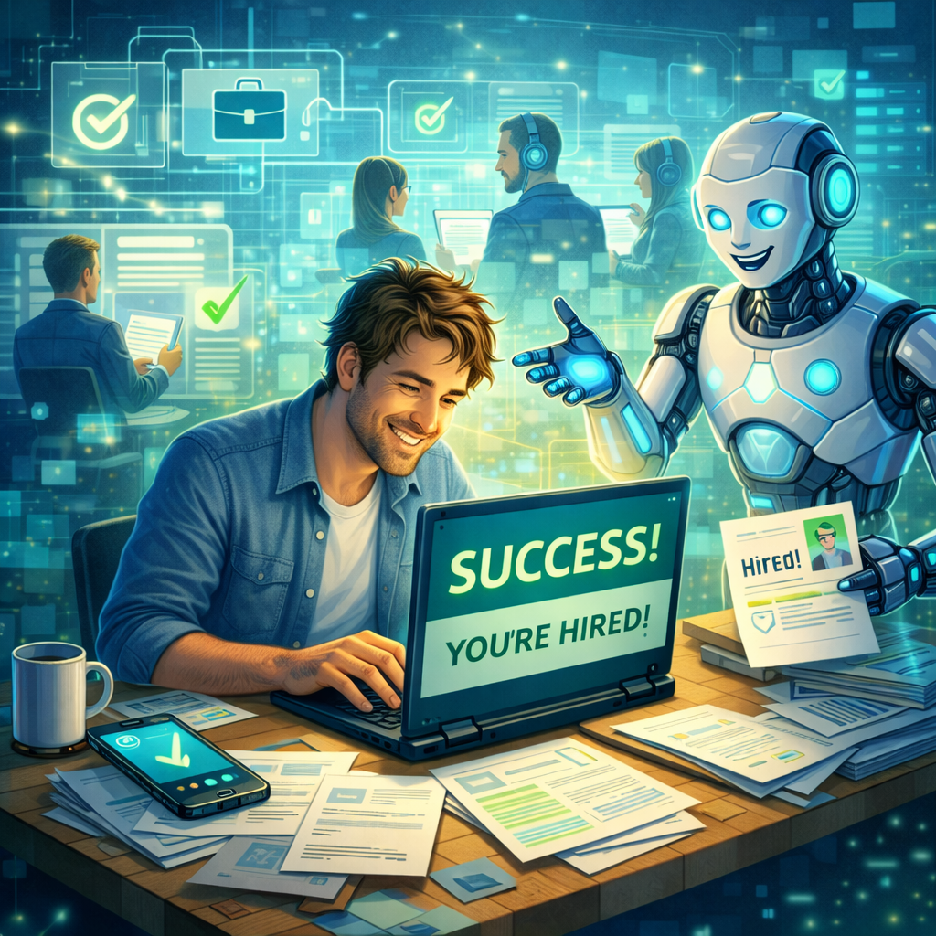 Man stressed by no response on laptop while job application papers are scattered