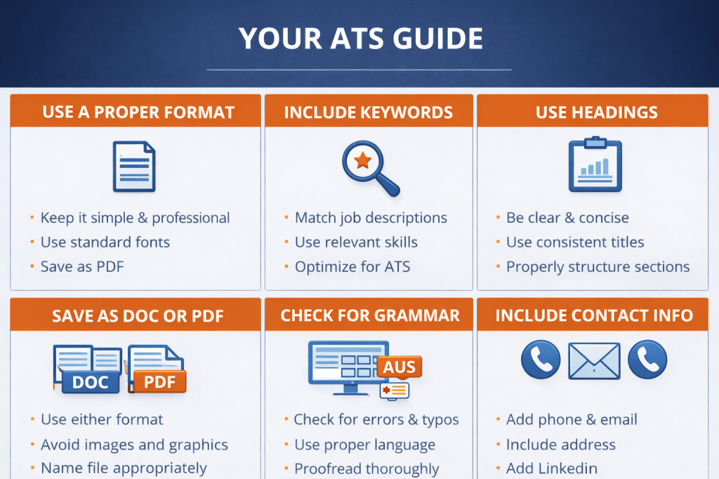 Resume guide with tips on formatting, keywords, headings, file formats, spelling, and contact info